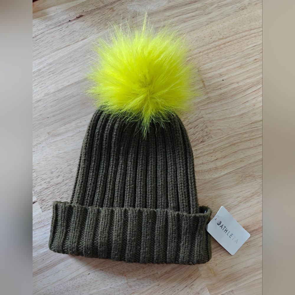 Athleta Dark Olive/Army Green Knit Beanie W/Neon Pom